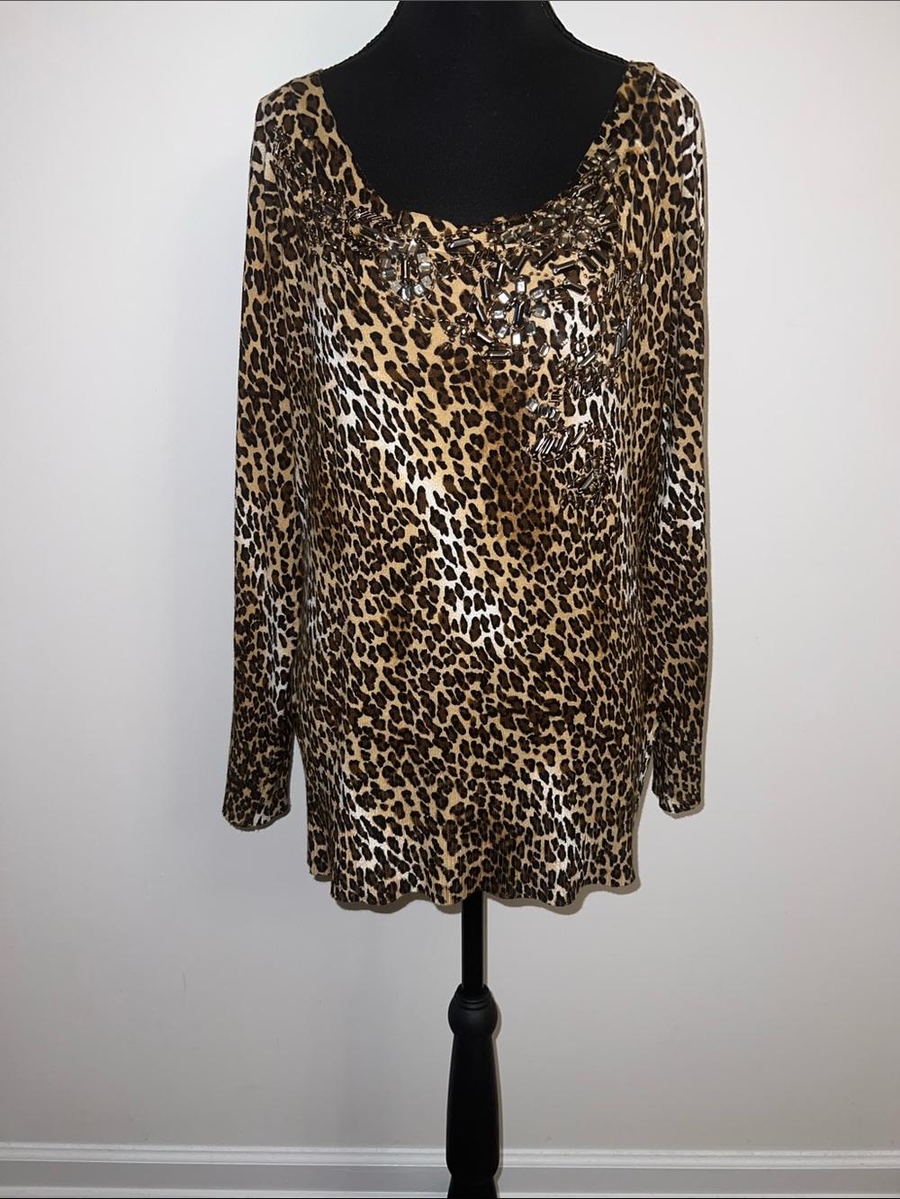 Cache Leopard Print Off-Shoulder Sweater with Beaded Neckline